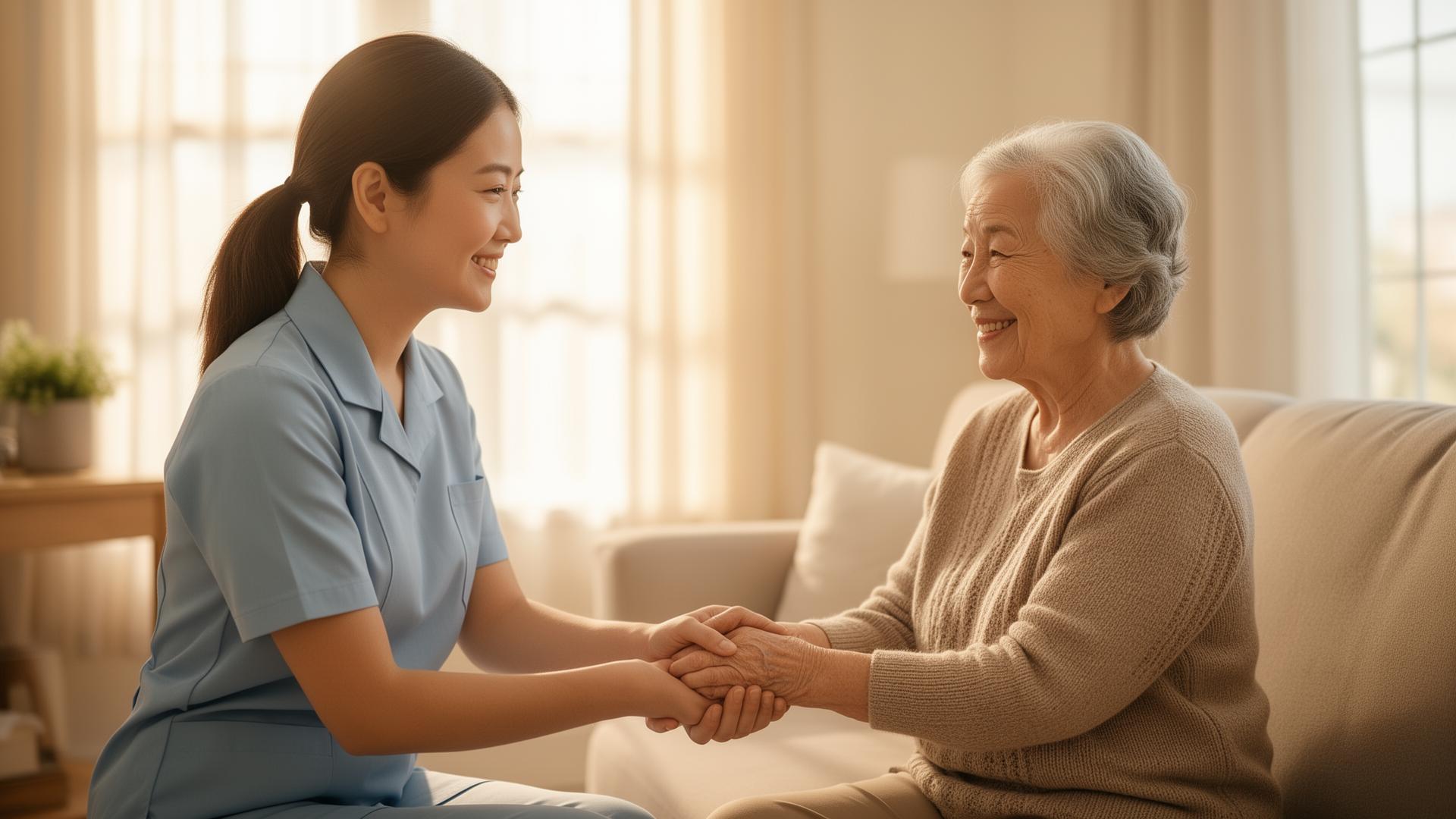 Compassionate caregiver holding hands with a smiling elderly client
